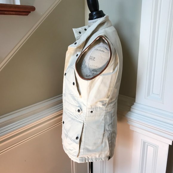 Ralph Lauren Safari Utility Vest Womens 10 Beige Tan Zip Up Front Leather Trim - Picture 10 of 13